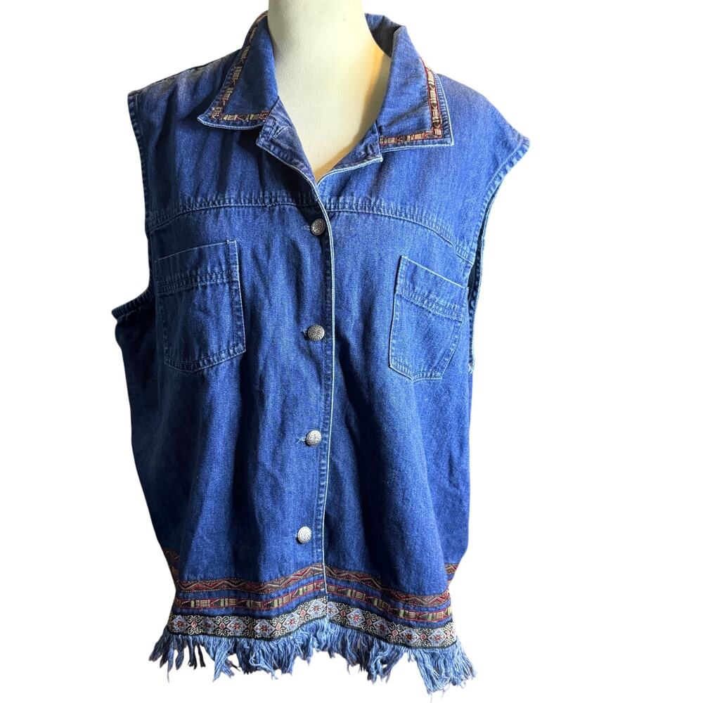Vintage Southwestern Denim Fringe Boho Western Vest, Plus Size 2XL
